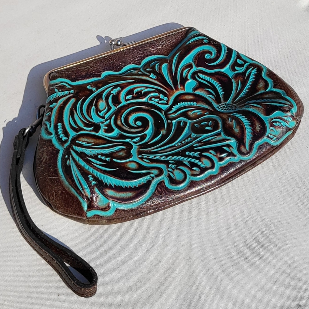 Patricia Nash SAVENA Turquoise Tooled Leather Clutch Wristlet